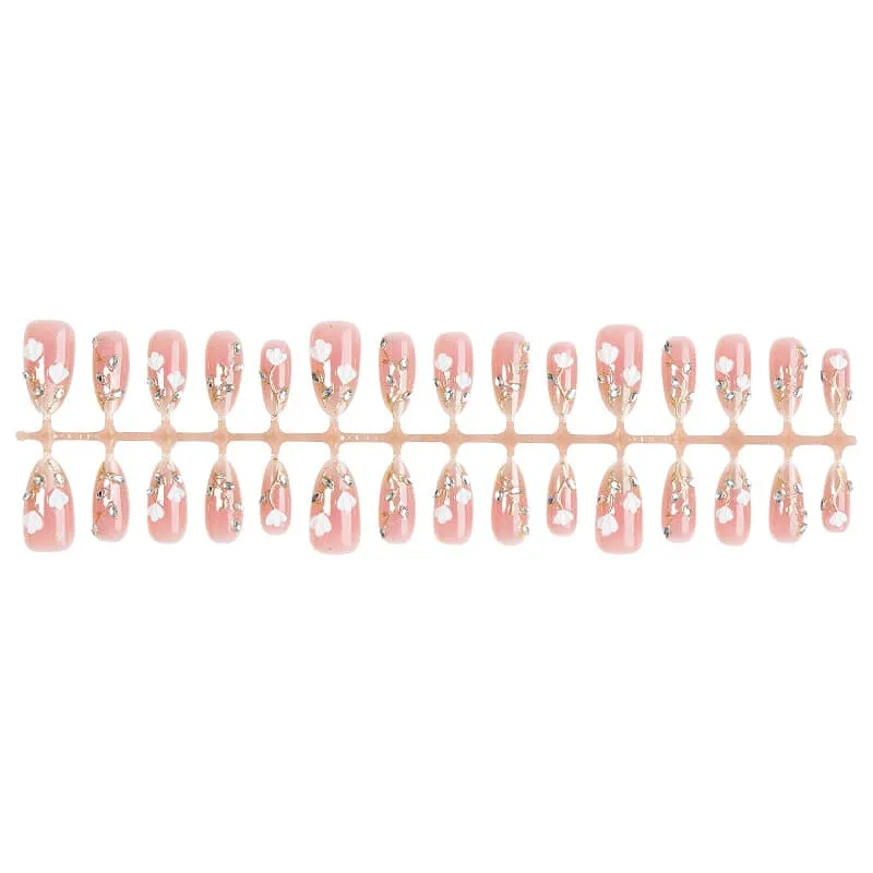 Nailhour 30Pcs Medium Almond Nude Floral 3D French Press On Nails