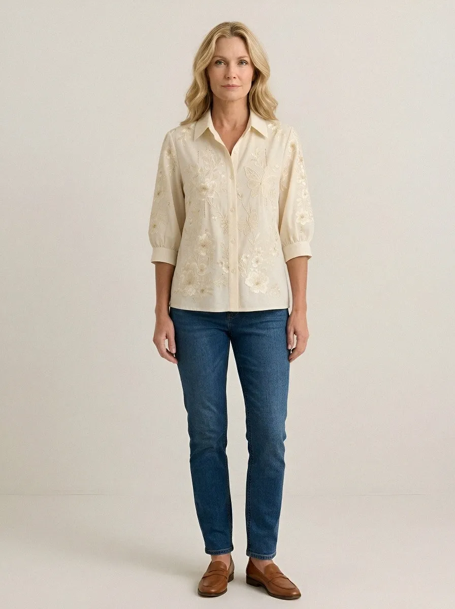 Women's Breast Cancer Awareness Butterfly Floral Embroidered Button-up Shirt