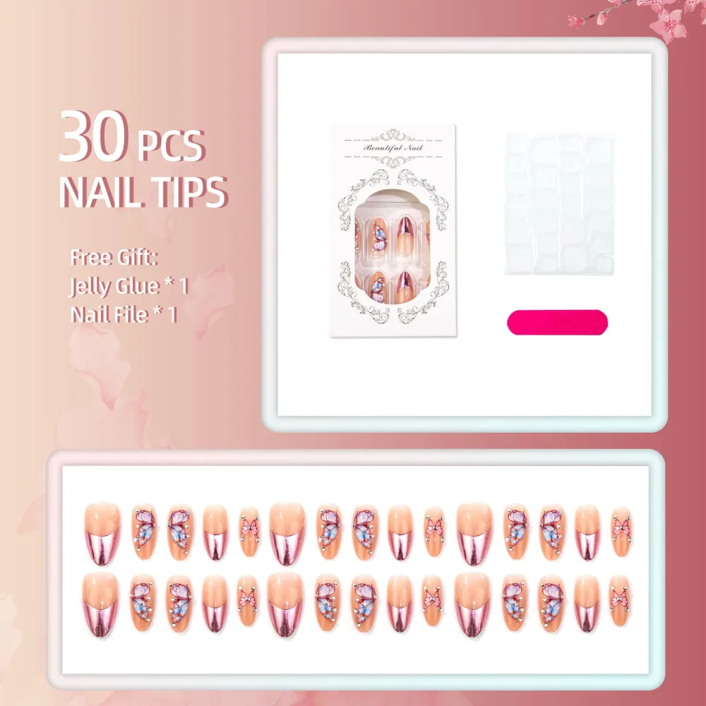 Nailhour 30Pcs French Butterfly 3D Medium Almond Press On Nails