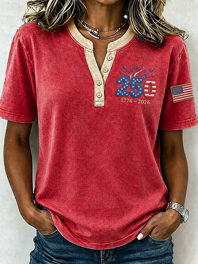 Female Leisure Patriotic Fireworks Flag Button T-Shirt
