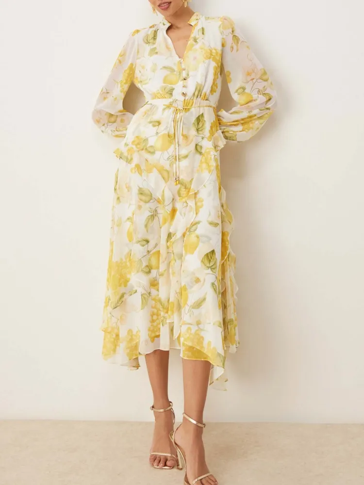 Lemon Print Notched Midi Dress