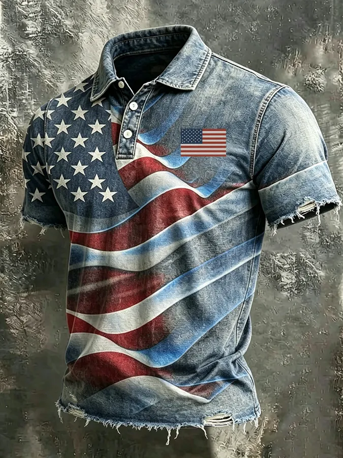 Men'S American Flag Print Casual Polo Shirt