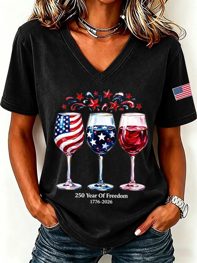 Women'S America Flag  Print Casual V-Neck T-Shirt
