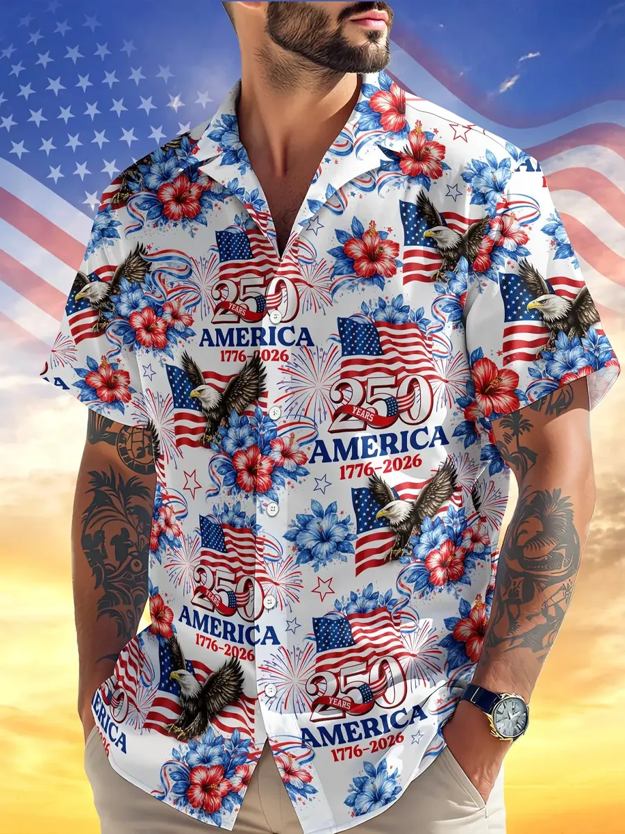 America 250 Hawaiian Shirt 1776-2026, Patriotic USA 250Th Anniversary Button Down, Semiquincentennial Fireworks Floral Independence Day Gift