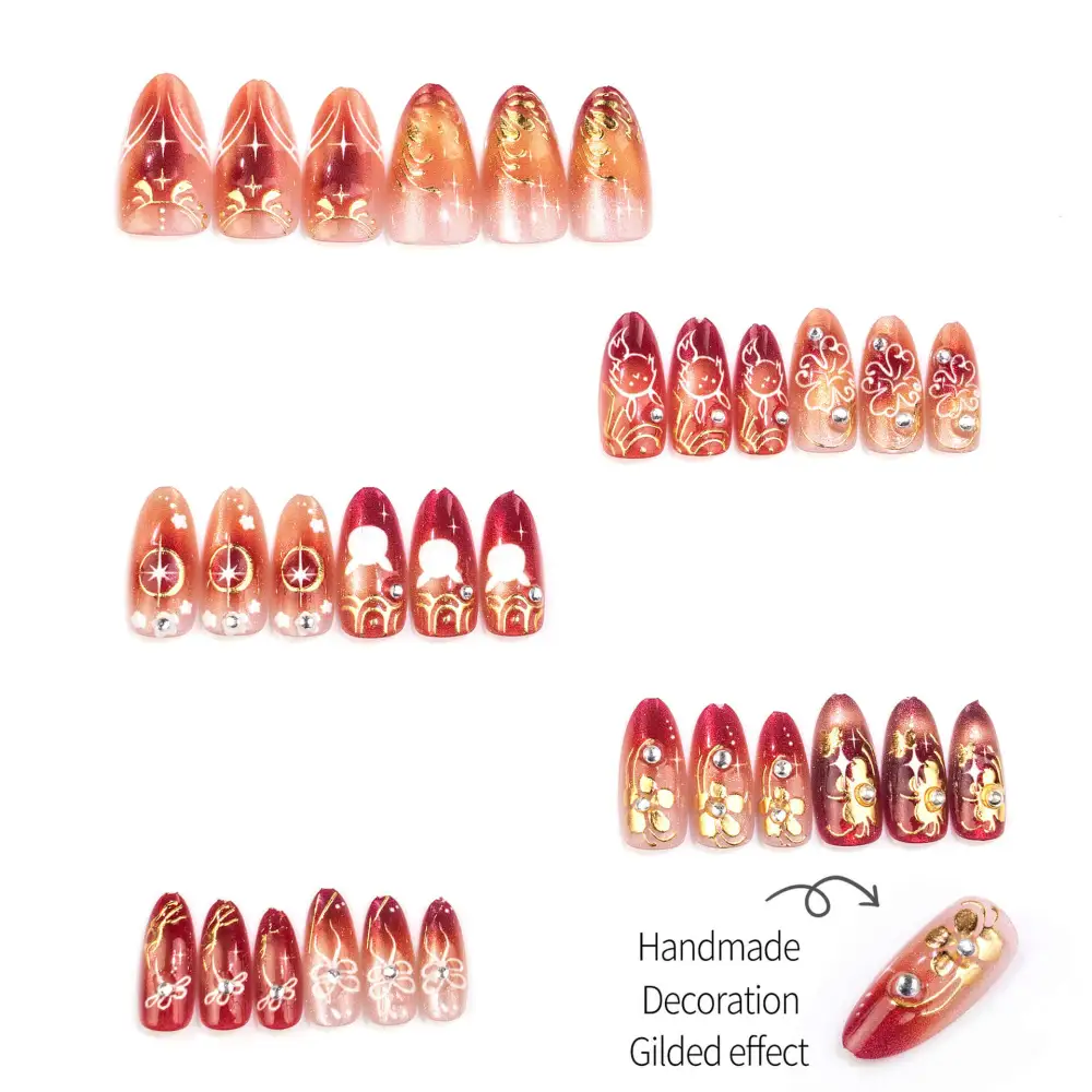Nailhour 30Pcs Autumn Gilded Cat Eye Medium Almond Press On Nails