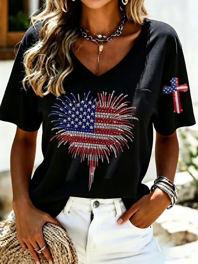 Women'S America Flag Print Casual V-Neck T-Shirt