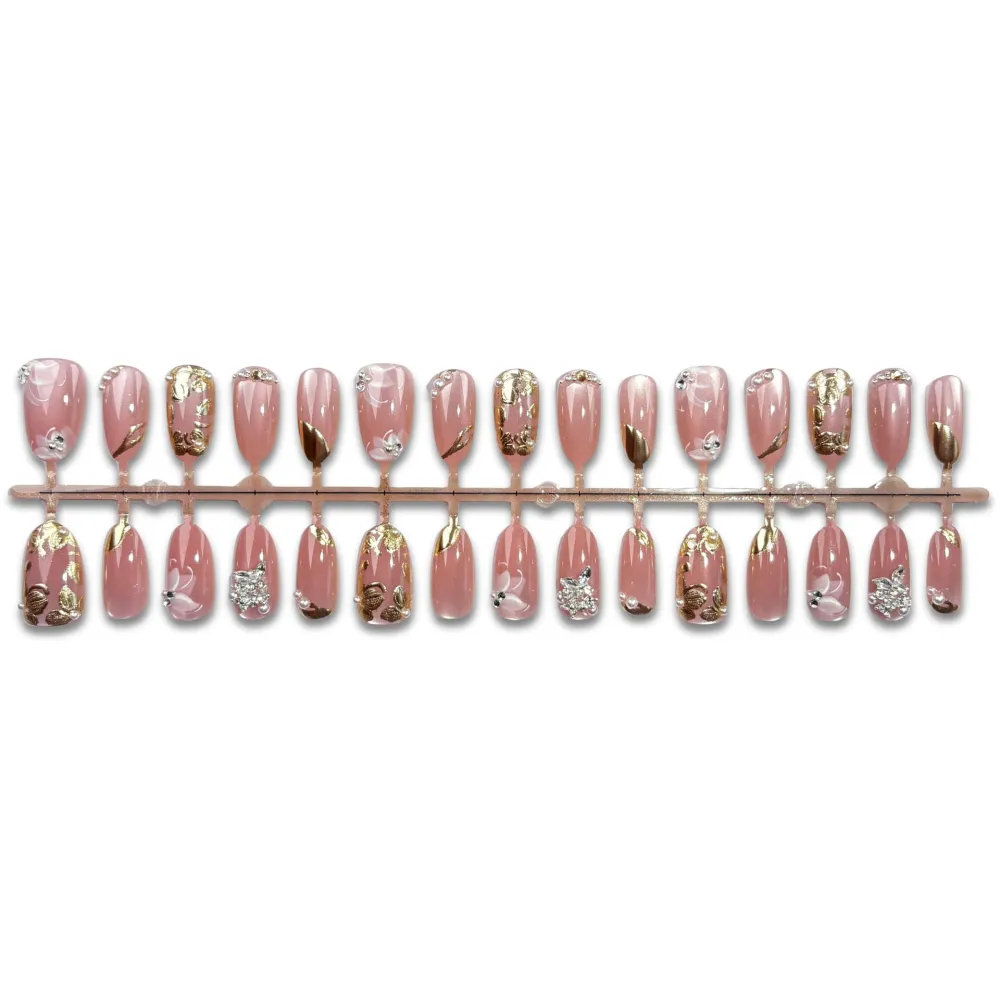 Nailhour 30Pcs French Gilded Rhinestone Short Oval Press On Nails