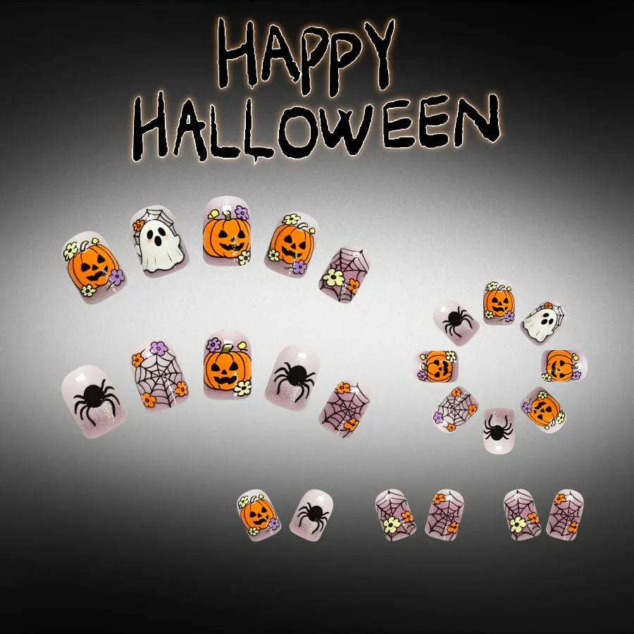 Nailhour 24Pcs Cute Pumpkin Ghost Halloween Short Squoval Press On Nails