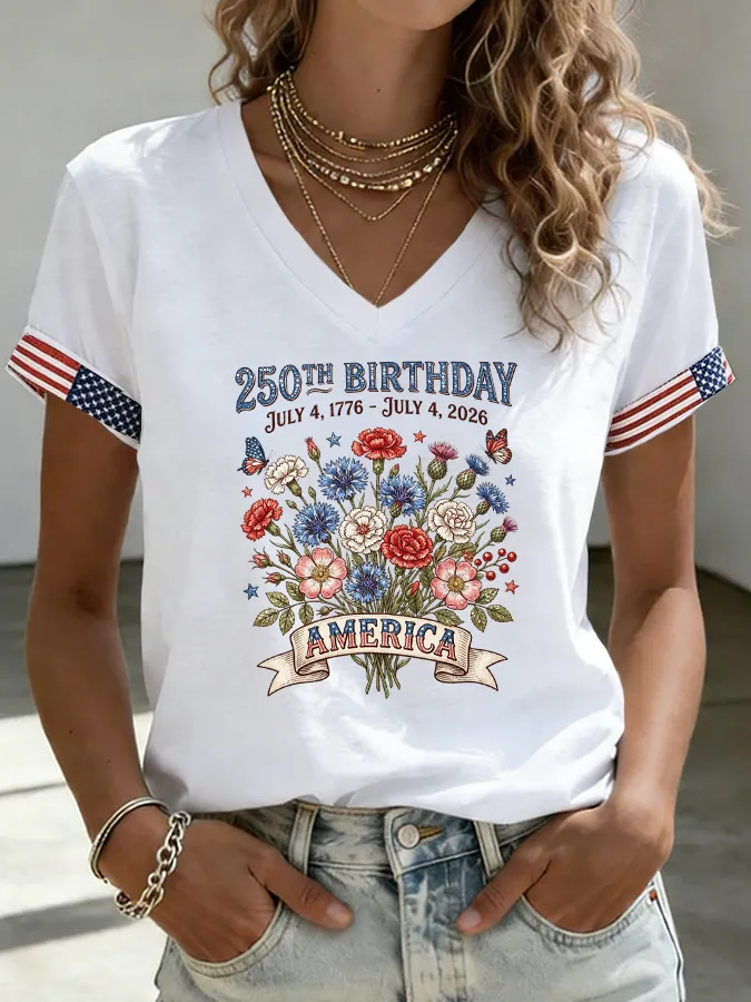 Women's Flower Independence Day Printed Casual T-shirt