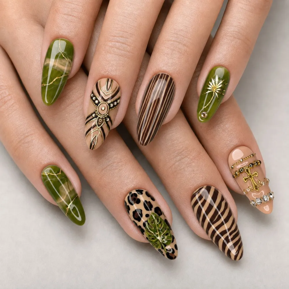 Nailhour 30Pcs Green Medium Almond French Press On Nails