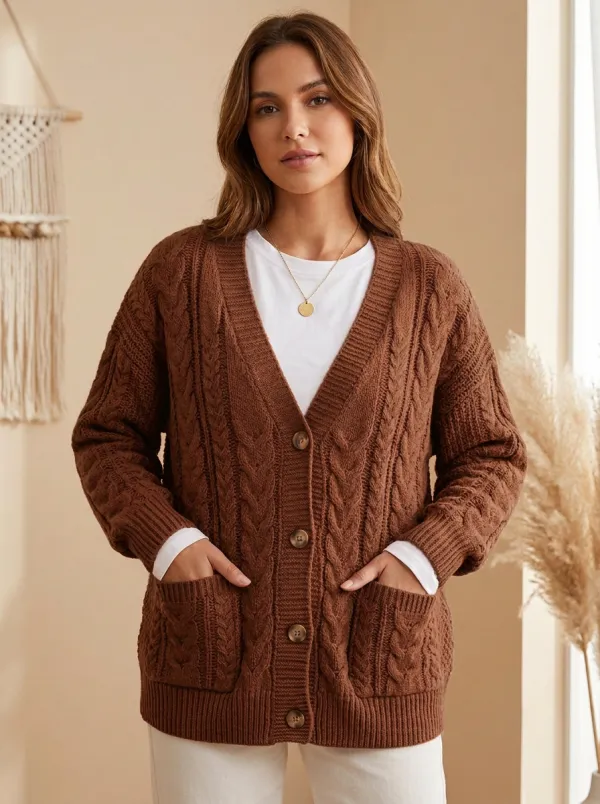 Rust Cable Button Cable-Knit Women's Knit Cardigan