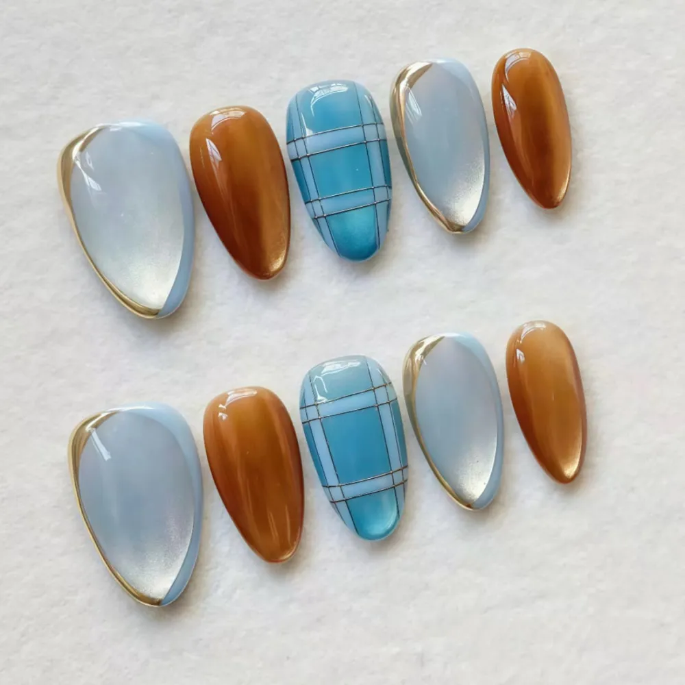 Nailhour 30Pcs Gradient Medium Almond Blue French Press On Nails