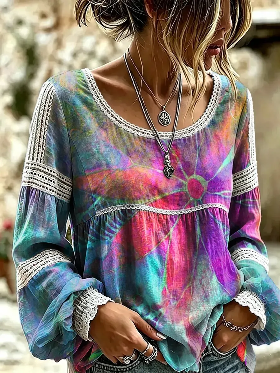 Women's Tie-Dye Abstract Floral Print Lace Trim Blouse