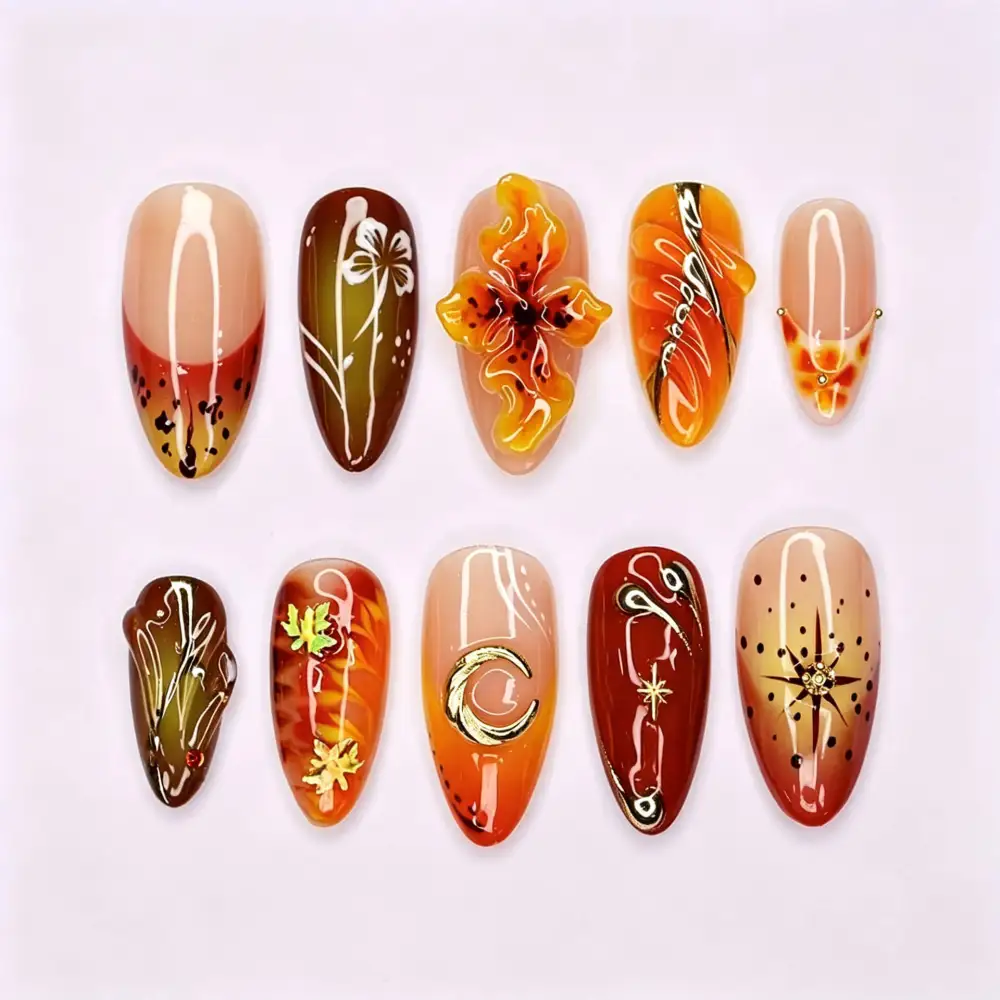 Nailhour 30Pcs Orange Cat Eye Medium Almond Press On Nails