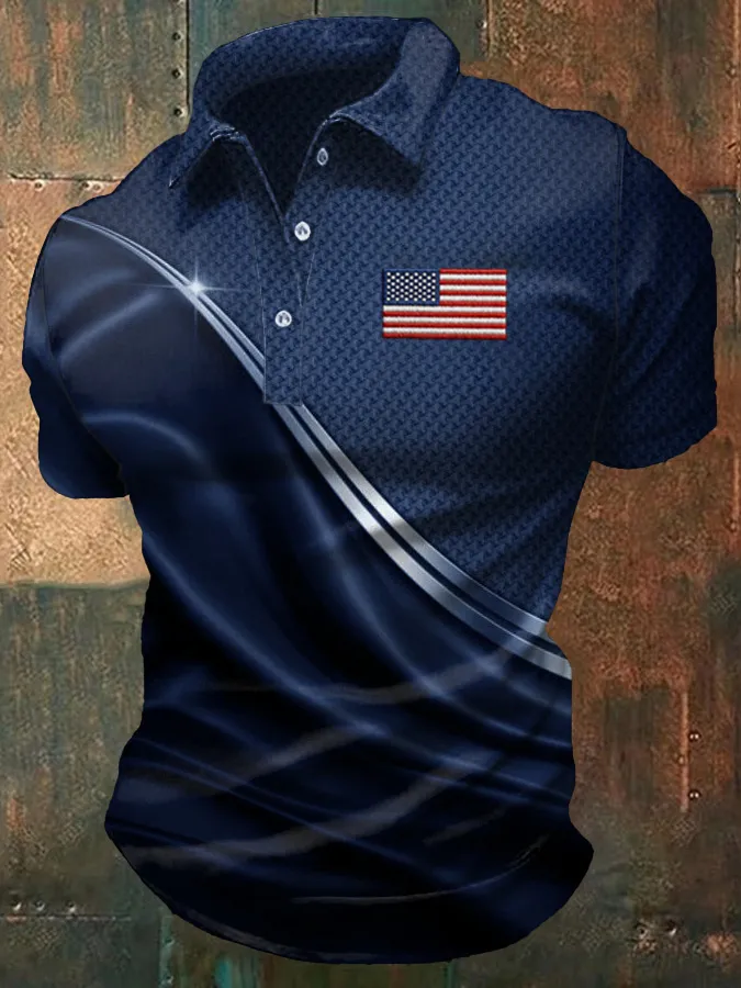 Men'S American Flag Print Casual Polo Shirt