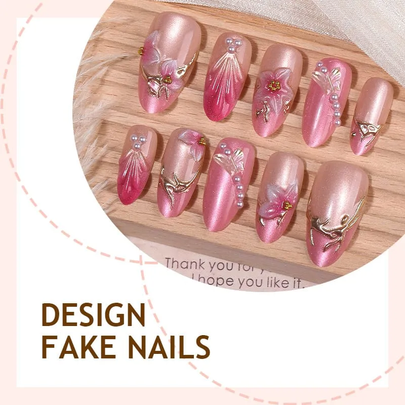 Nailhour 30Pcs Floral 3D Medium Cat Eye Almond French Press On Nails