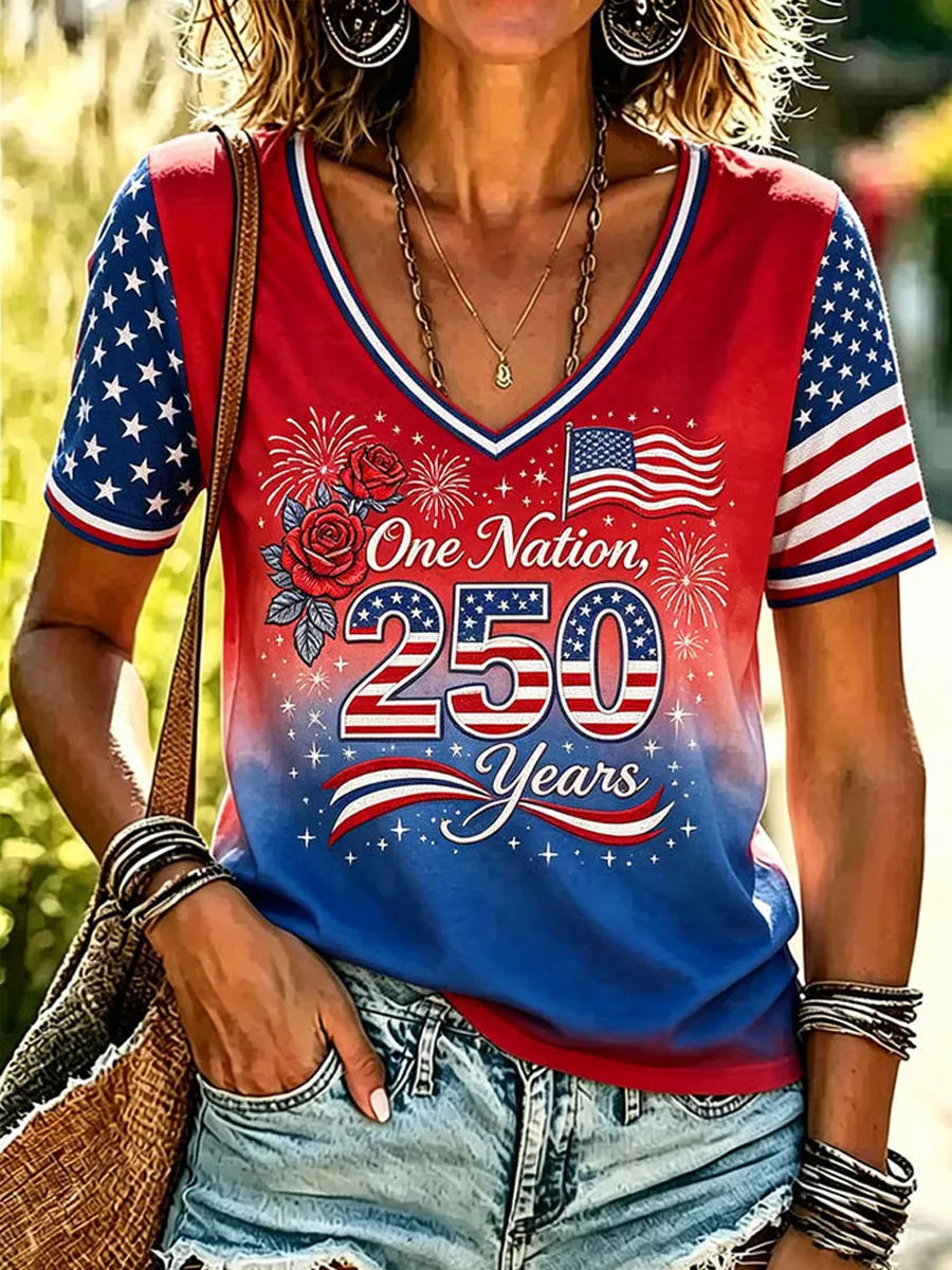 Women's Casual USA 250th Celebration Print Short Sleeve T-shirt