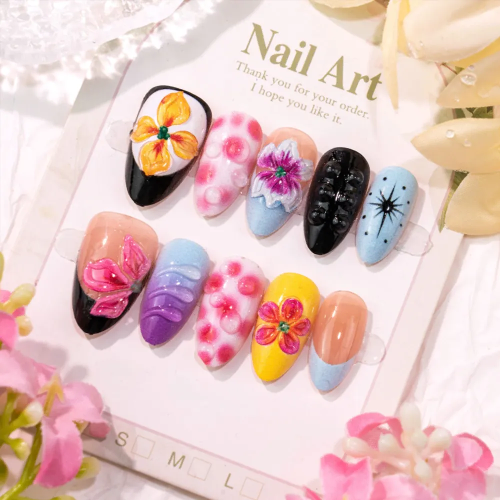 Nailhour 30Pcs Painted Leopard Print 3D Medium Almond French Press On Nails