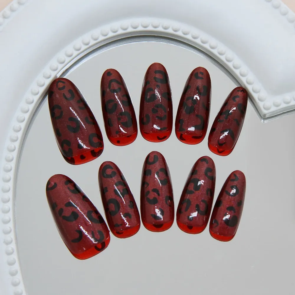 Nailhour 30Pcs Red Vintage French Medium Almond Press On Nails