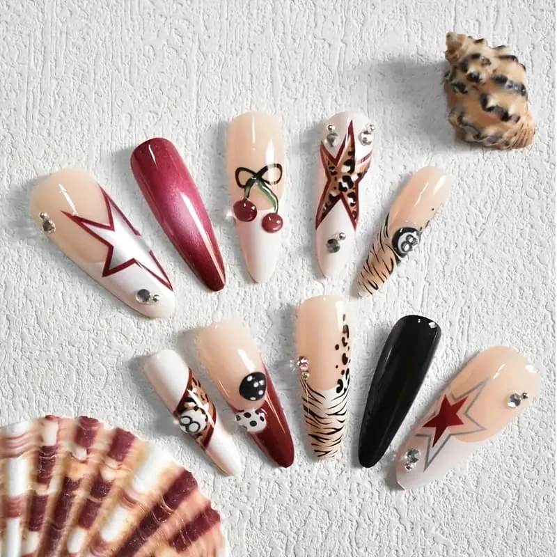 Nailhour 10Pcs 3D Handmade Daily Long Almond Press On Nails