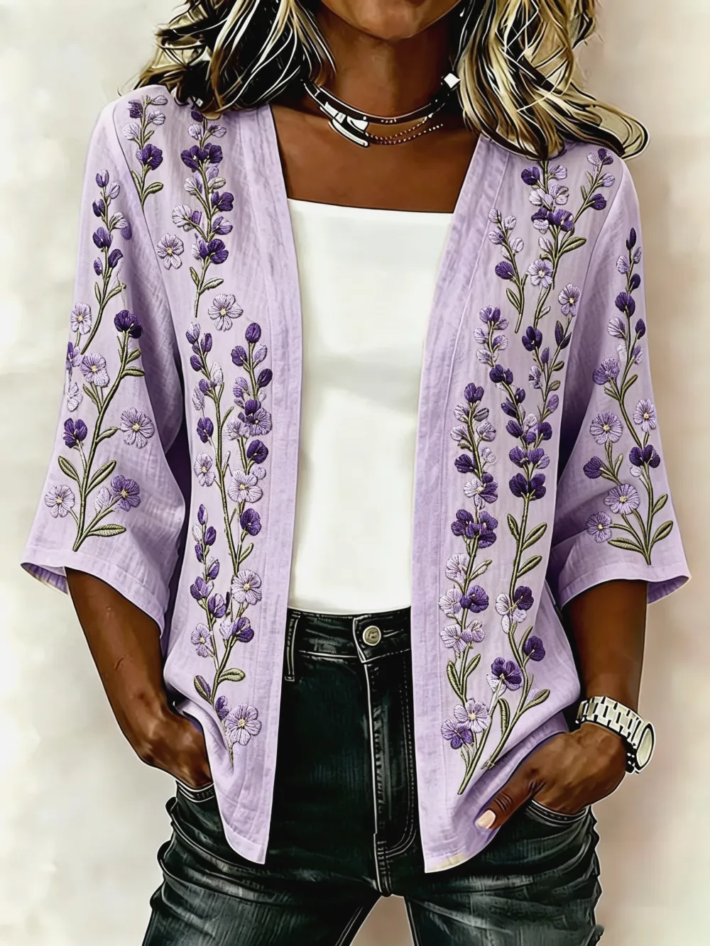 Women'S Casual Loose Purple Floral Cardigan
