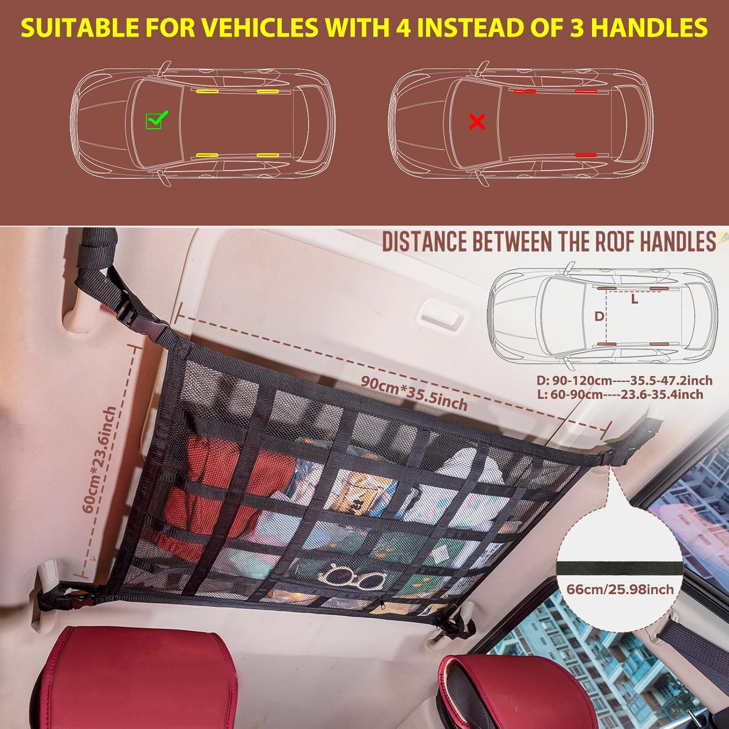 Cargo net dimensions and 4-handle vehicle fit diagram