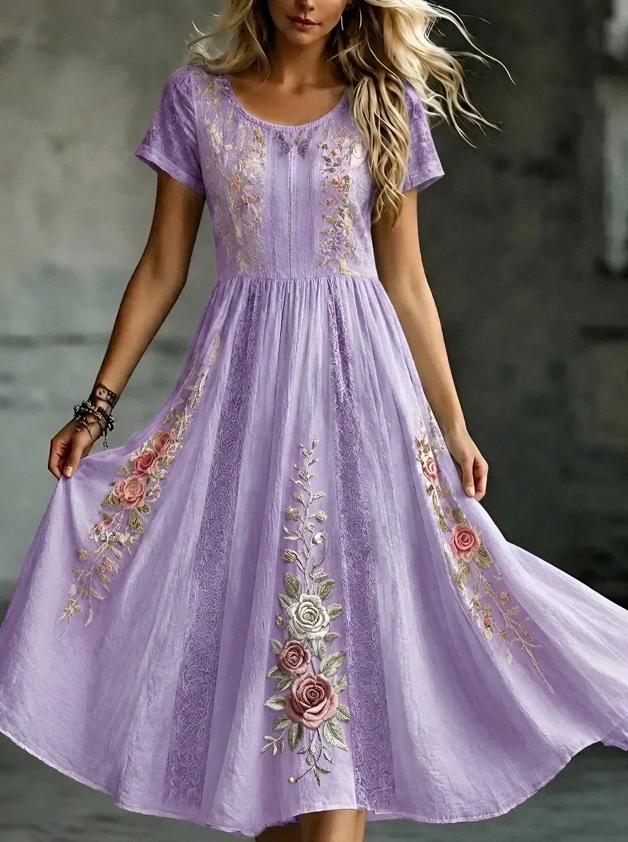 Women's Breast Cancer Awareness Floral Rose Embroidered Printed Dress