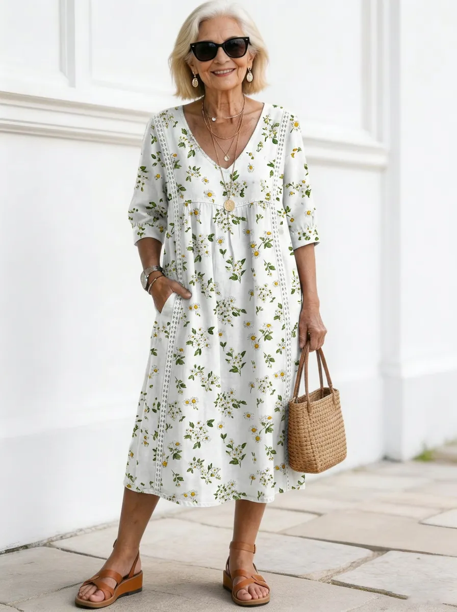 Women's Summer Vacation Daisy Floral Printed Midi Dress