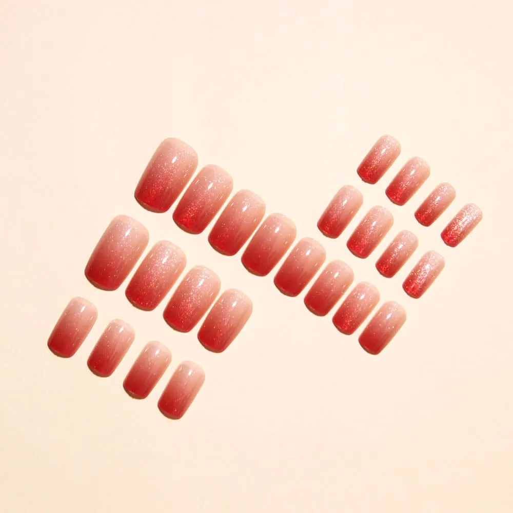Nailhour 24Pcs Red Gradient Cat Eye Medium Square Press On Nails
