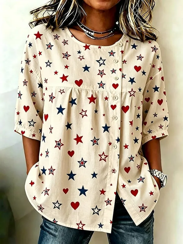 Ladies' Casual American Star Spangled Floral Printed Cotton And Linen Top