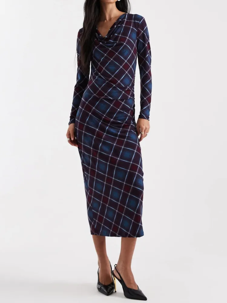 Plaid Cowl Neck Long Sleeve Dress