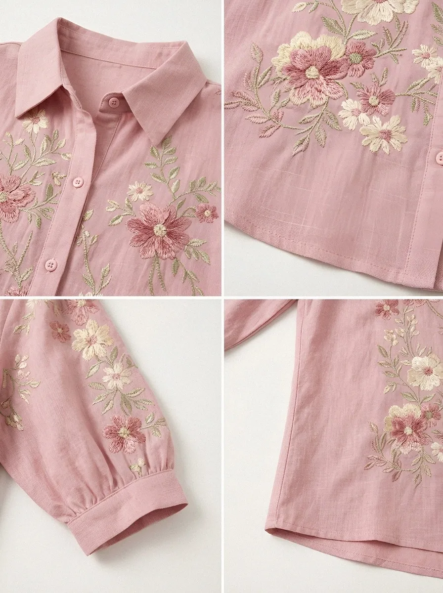 Women's Breast Cancer Awareness Pink Floral Embroidered Button-Down Shirt