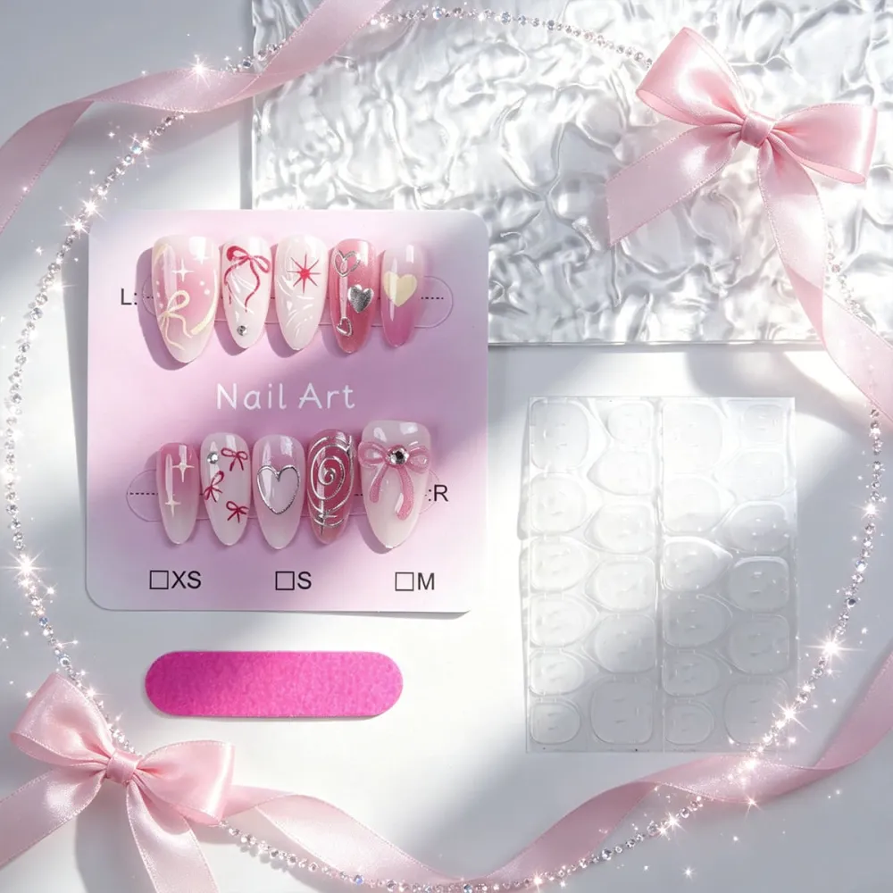 Nailhour 30Pcs Pink French Gilded Medium Almond Press On Nails