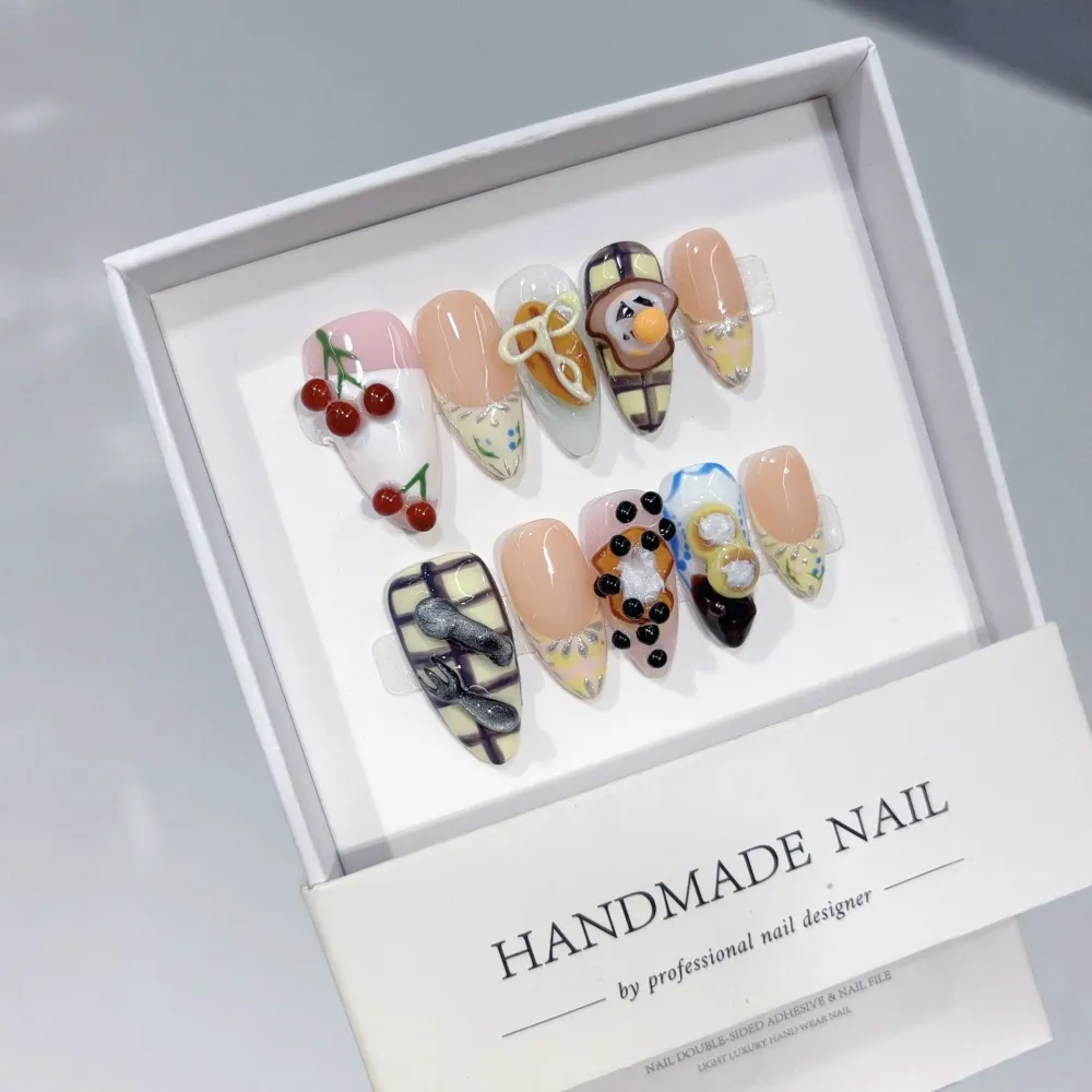 Nailhour 10Pcs Handmade 3D Medium Almond French Press On Nails