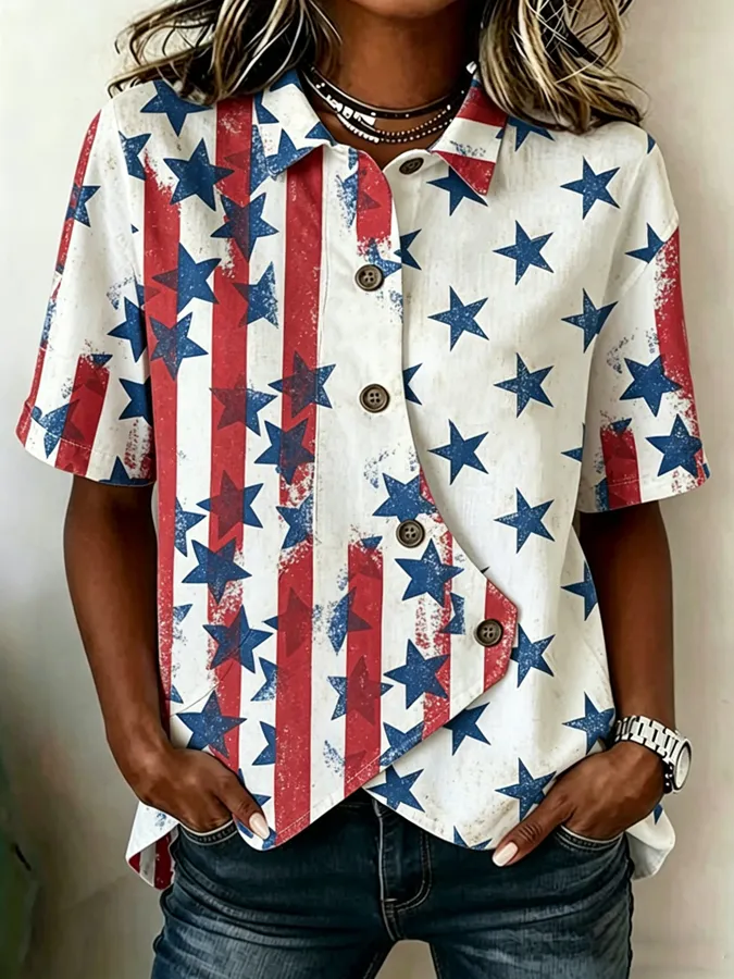 Women's Casual American Star Striped Printed Top