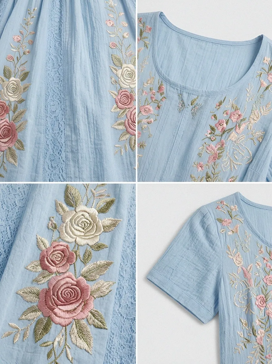 Women's Breast Cancer Awareness Floral Rose Embroidered Printed Dress