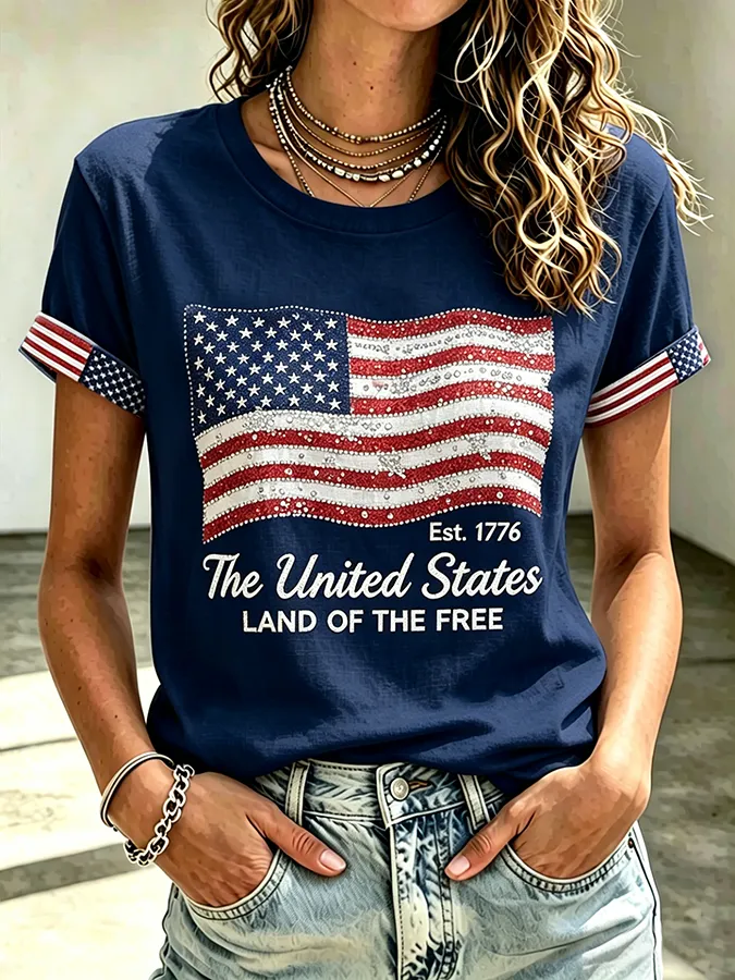 Ladies' Casual American 250Th Anniversary Commemorative Glitter Printed Round Neck Short Sleeved T-Shirt