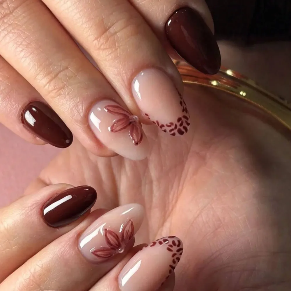 Nailhour 30Pcs Brown 3D Resin Medium Almond Press On Nails