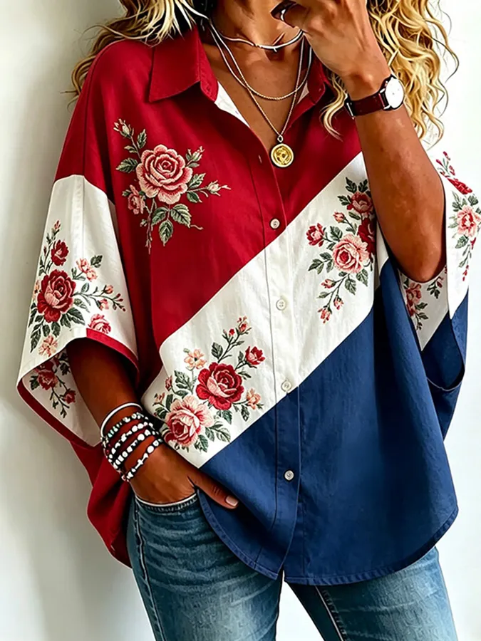 Women's 250th Anniversary Floral Art Print Casual Shirt