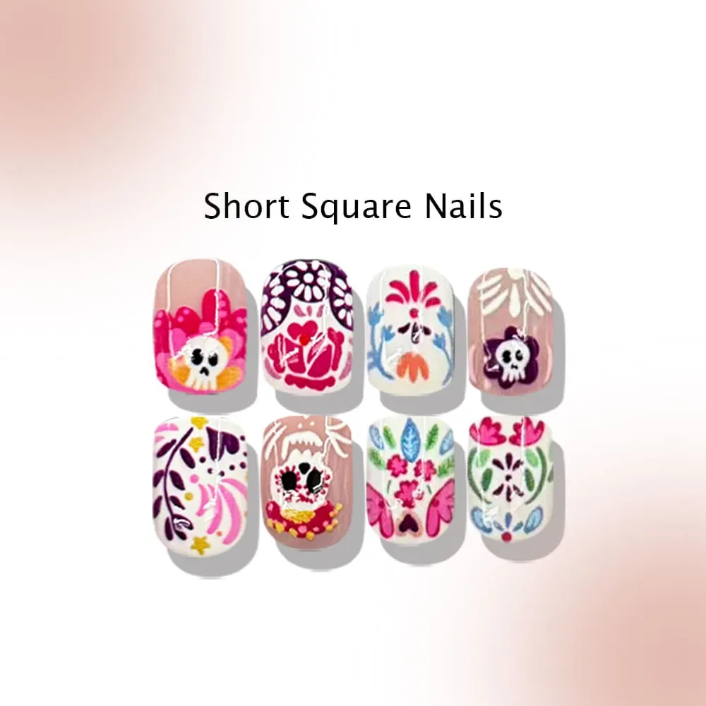 Nailhour 24Pcs Skeleton Halloween Multicolor Floral Short Oval Press On Nails