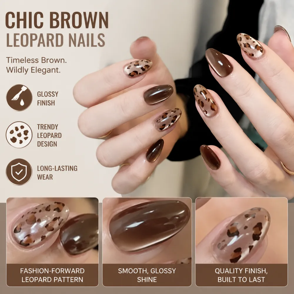 Nailhour 30Pcs Cat Eye Brown Medium Almond Press On Nails