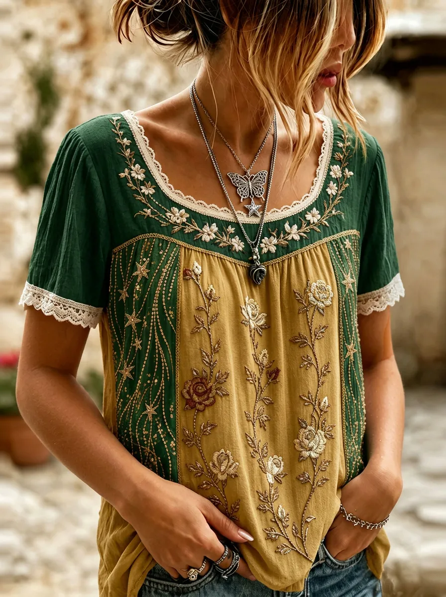 Women's Floral Bohemian Star Embroidered Printed Short Sleeve T-shirt