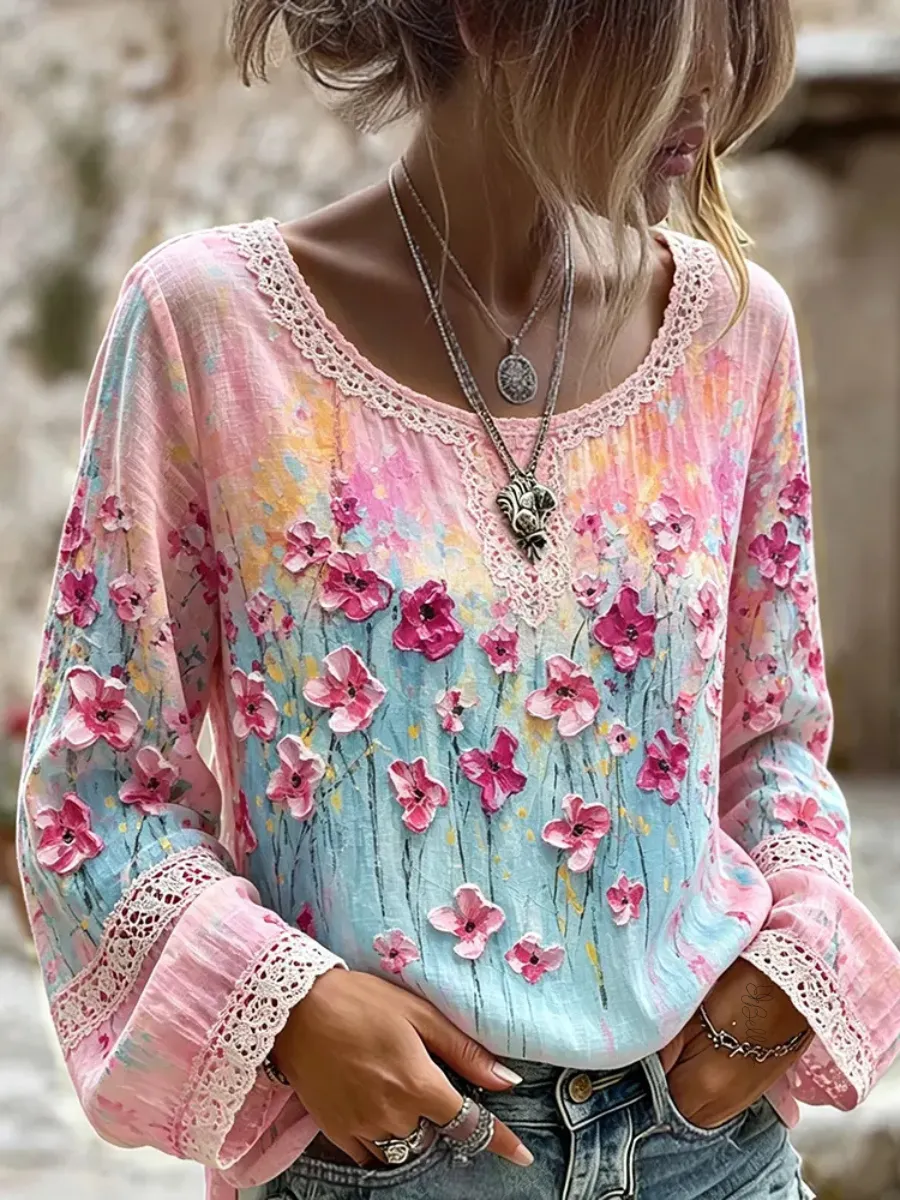 Women's Vintage Abstract Floral Oil Painting Art V Neck Linen T Shirt