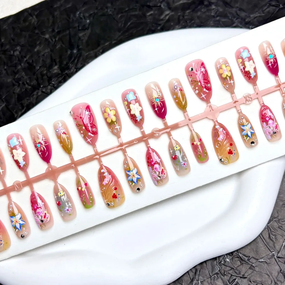 Nailhour 30Pcs Floral Fresh & Simple Medium Almond French Press On Nails