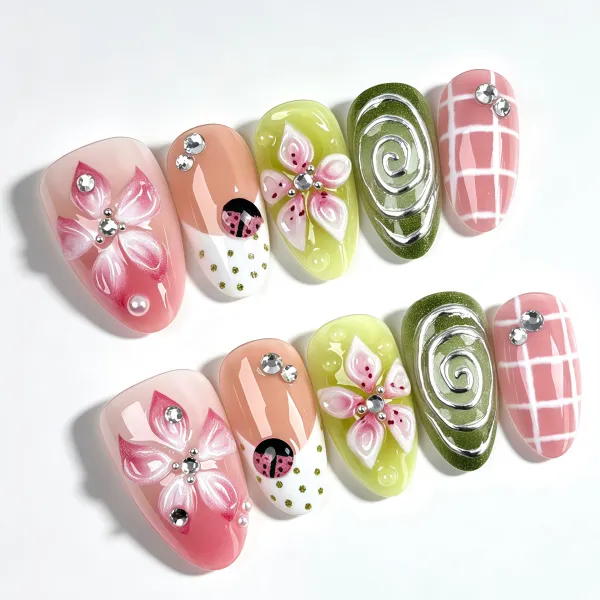 Nailhour 30Pcs Gilded 3D Floral Carving Medium Almond Press On Nails