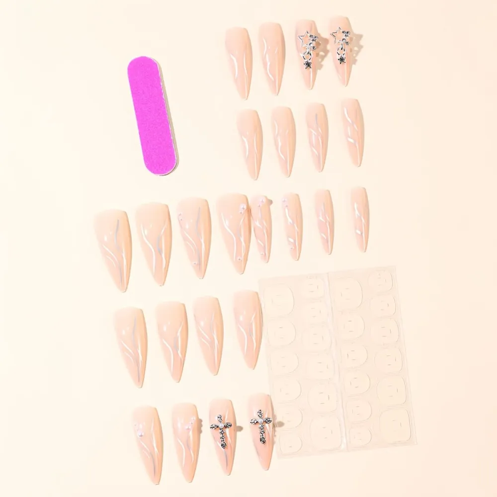 Nailhour 24Pcs Minimalist French Gilded Long Almond Press On Nails