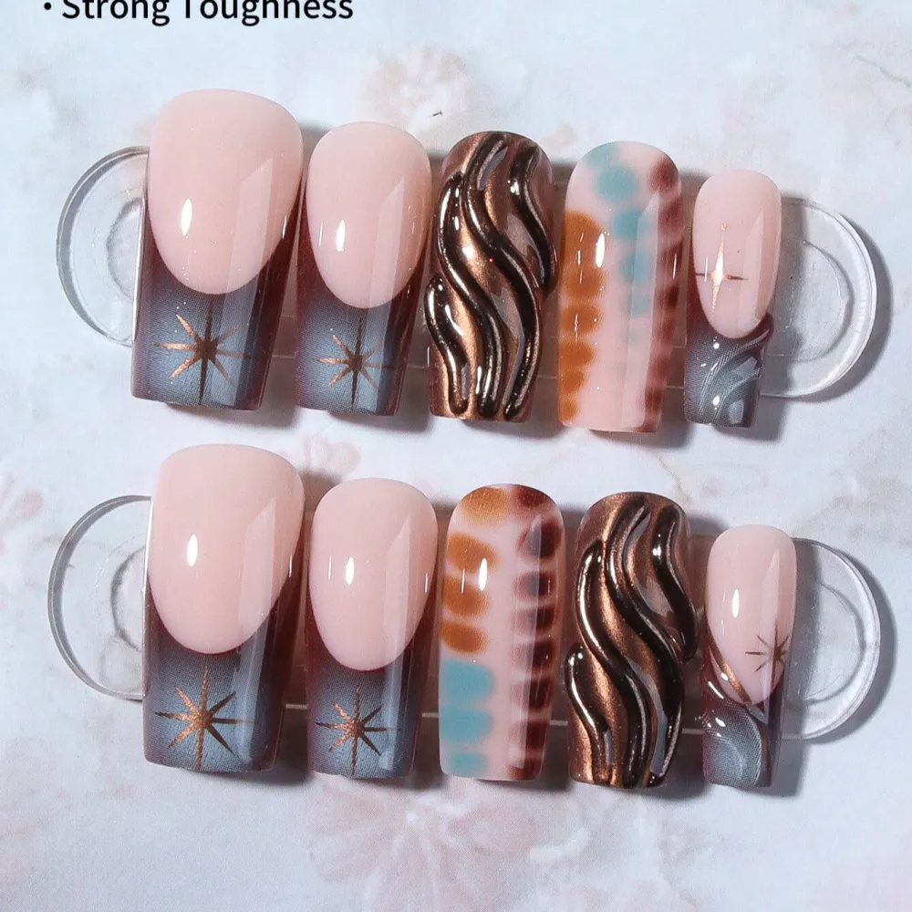 Nailhour 24Pcs French Gilded Glitter Long Square Press On Nails