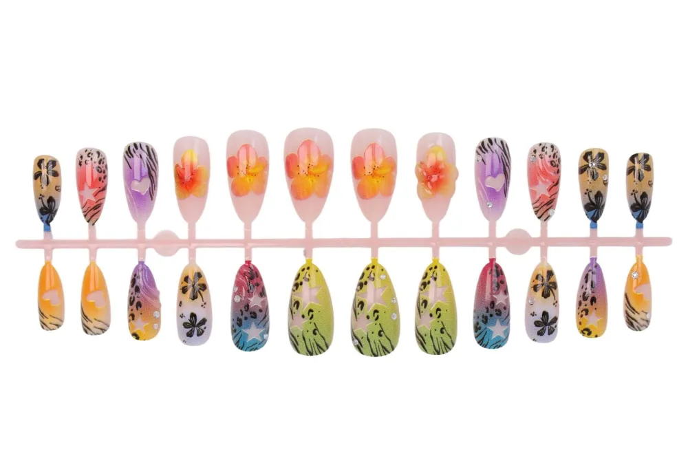 Nailhour 24Pcs Beach Floral 3D Medium Almond French Press On Nails