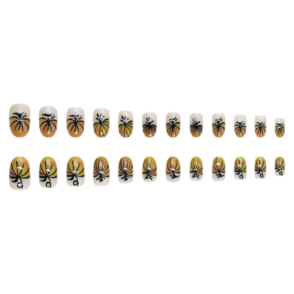 Nailhour 24Pcs Autumn Thanksgiving pumpkin Short Oval French Press On Nails