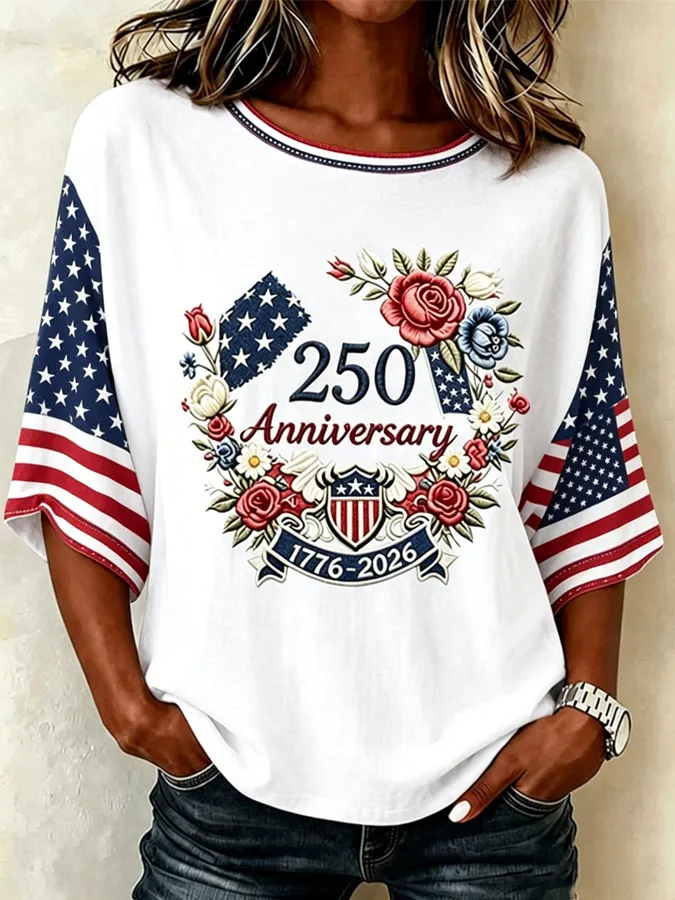 Women'S Flag Printed Casual Round Neck T-Shirt